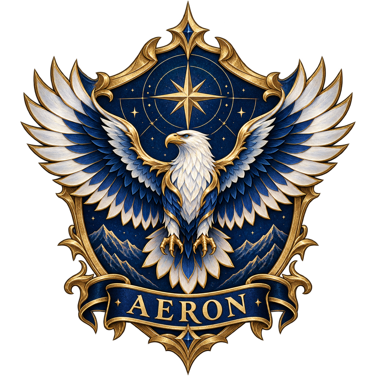 House of the Aeron crest: a white and blue eagle beneath a compass star